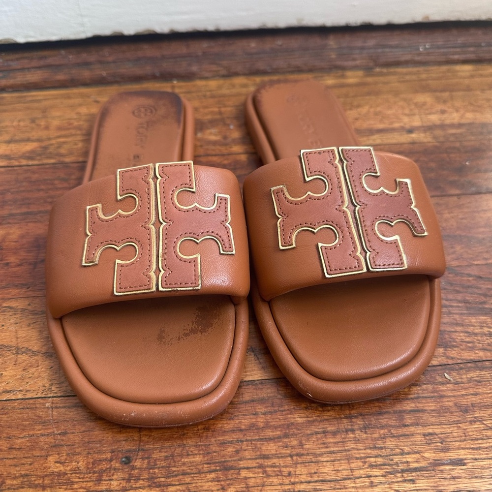 Tory Burch Double T Sport Slide in Bourbon Miele Gold Sandals